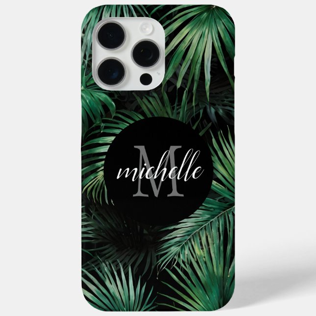 Elegant black green Tropical Palm Leaves Monogram  Case-Mate iPhone Case (Back)