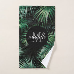 Elegant black green Tropical Palm Leaves Monogram  Hand Towel