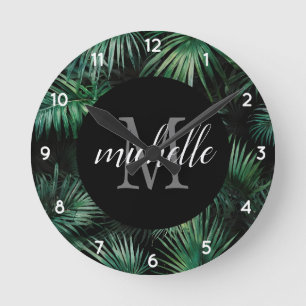 Elegant black green Tropical Palm Leaves Monogram Round Clock