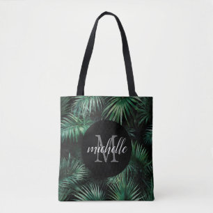 Elegant black green Tropical Palm Leaves Monogram  Tote Bag
