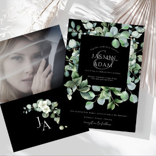 Elegant Black Greenery Eucalyptus Photo Wedding Invitation