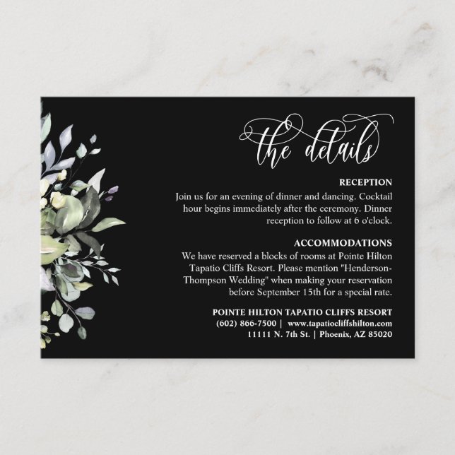 Elegant Black Greenery QR Code Details Card 5x3.5" (Front)