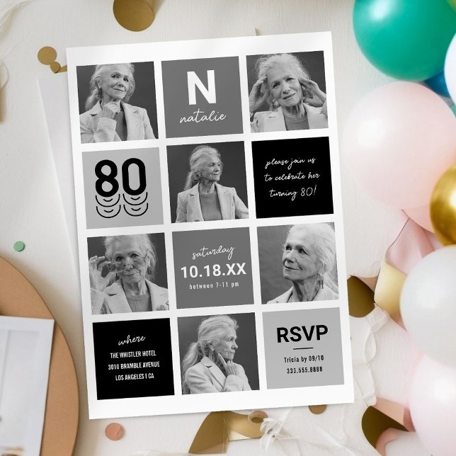 Elegant Black Grey 80th Photo Invitation (Creator Uploaded)