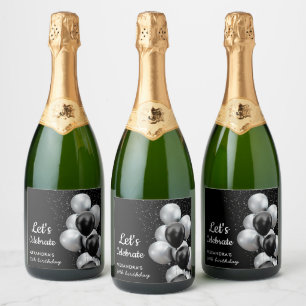 Elegant Black Grey Balloon Chic Birthday Sparkling Wine Label