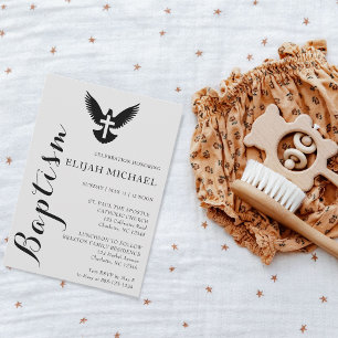 Elegant Black Grey Dove Cross Baptism Invitation