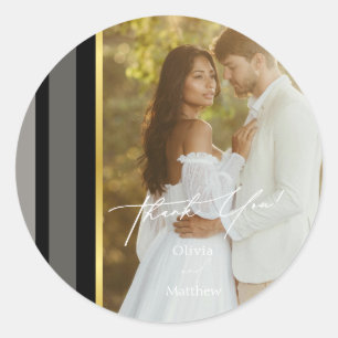 Elegant Black Grey Gold Stripe Photo Thank You  Classic Round Sticker