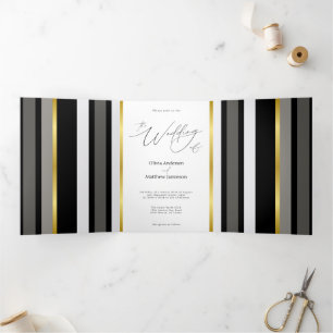 Elegant Black Grey Gold Stripe Photo Wedding Tri-Fold Card