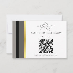 Elegant Black Grey Gold Stripe QR Code Wedding RSVP Card