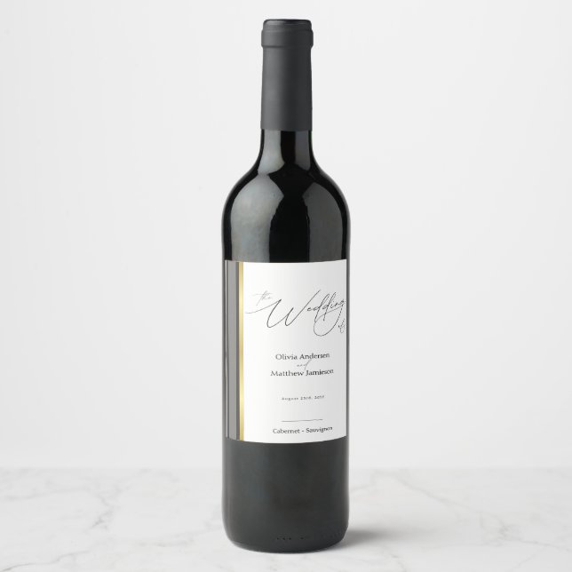 Elegant Black Grey Gold Stripe Script Wine Label (Front)