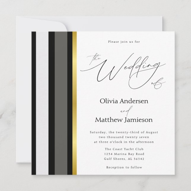 Elegant Black Grey Gold Stripe Square Wedding Invitation (Front)