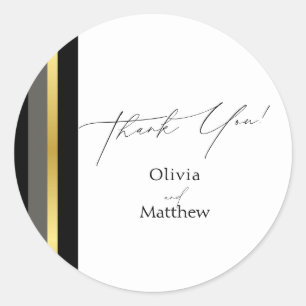 Elegant Black Grey Gold Stripe Thank You Wedding Classic Round Sticker