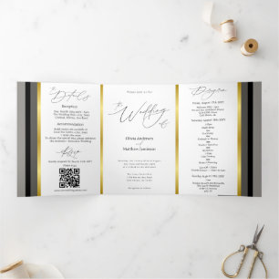 Elegant Black Grey Gold Stripe Typography Wedding Tri-Fold Card