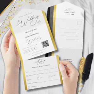 Elegant Black Grey Gold Stripe Wedding All In One Invitation