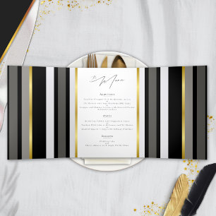 Elegant Black Grey Gold Stripe Wedding Folded Menu