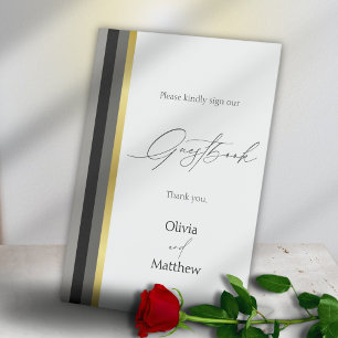 Elegant Black Grey Gold Stripe Wedding Guestbook Pedestal Sign