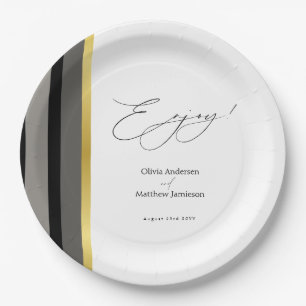 Elegant Black Grey Gold Stripe Wedding Paper Plate