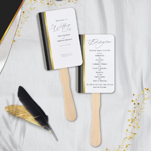 Elegant Black Grey Gold Stripe Wedding Program Hand Fan