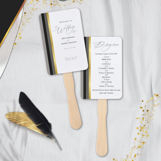 Elegant Black Grey Gold Stripe Wedding Program Hand Fan (Creator Uploaded)
