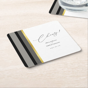 Elegant Black Grey Gold Stripe Wedding Square Paper Coaster