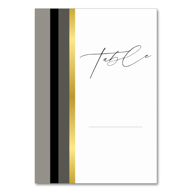 Elegant Black Grey Gold Stripe Wedding Table Number (Front)