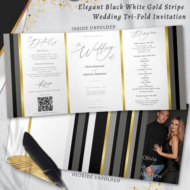 Elegant Black Grey Gold Stripes Typography Wedding Tri-Fold Card (Creator Uploaded)