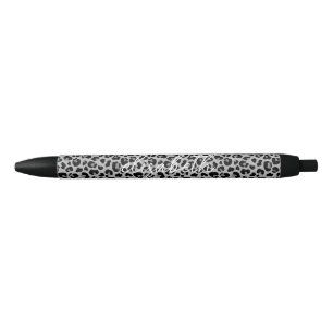 Elegant Black Grey Leopard Skin Pattern Monogram Ink Pen