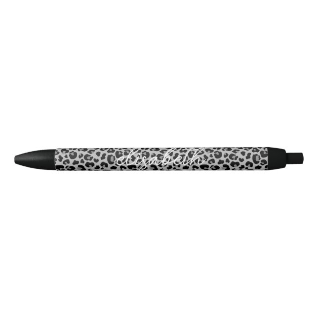 Elegant Black Grey Leopard Skin Pattern Monogram Ink Pen (Front)