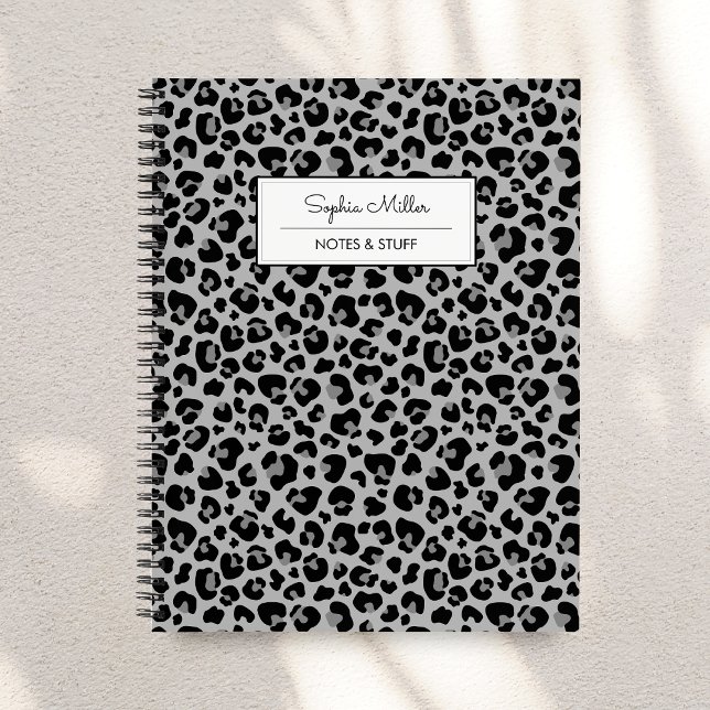 Elegant Black Grey Leopard Skin Pattern Monogram Notebook (Creator Uploaded)