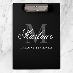 Elegant Black Grey Monogram Calligraphy Clipboard