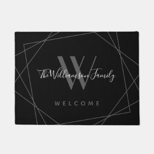 Elegant Black Grey Monogram Family Name Script Doormat