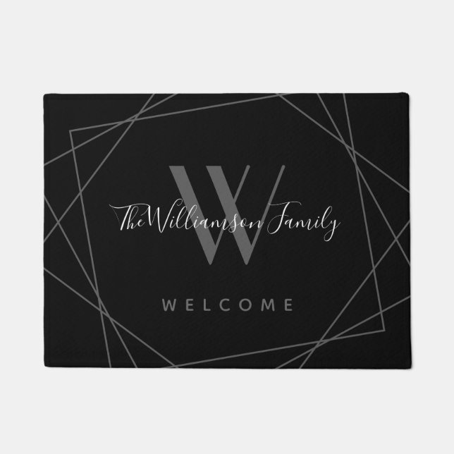 Elegant Black Grey Monogram Family Name Script Doormat (Front)