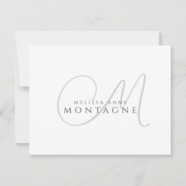 Elegant Black Grey Monogram Flat Note Card (Front)