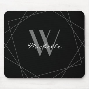 Elegant Black Grey Monogram Geometric Name Script Mouse Pad