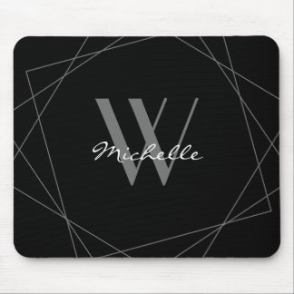 Elegant Black Grey Monogram Geometric Name Script Mouse Pad
