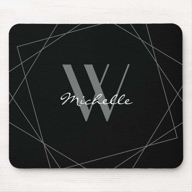 Elegant Black Grey Monogram Geometric Name Script Mouse Pad (Front)