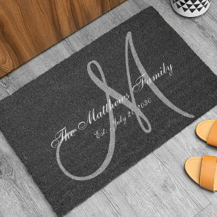 Elegant Black Grey Monogram Name Newlyweds Wedding Doormat