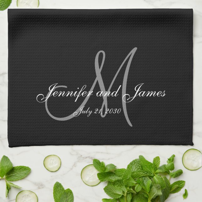 Elegant Black Grey Monogram Newlywed Wedding Tea Towel (Folded)