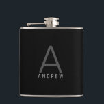 Elegant Black Grey Monogram Personalised Hip Flask<br><div class="desc">Modern elegant and understated masculine monogram initial and custom name on a personalised flask in a classic minimal,  professional-looking sans-serif font for a simple and professional and modern look.</div>