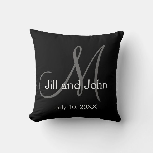 Elegant Black Grey Monogram Wedding Keepsake Cushion (Front)