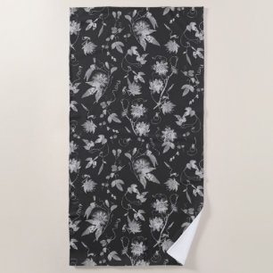 Elegant Black Grey Passion Flowers Pattern Beach Towel