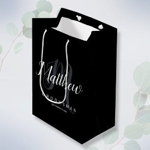 Elegant Black & Grey Personalised Groomsman  Medium Gift Bag
