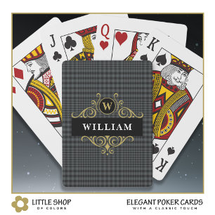 Elegant Black Grey Plaid Gold Emblem Monogram Name Playing Cards
