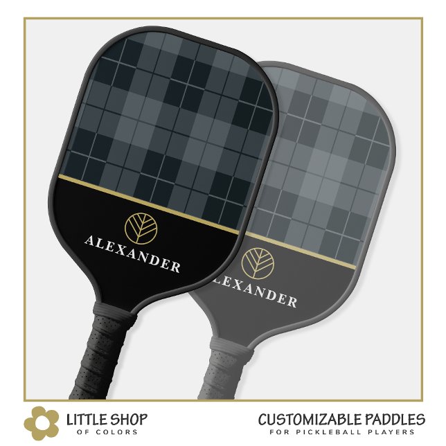 Elegant Black Grey Plaid Tartan Monogram Pickleball Paddle (Creator Uploaded)