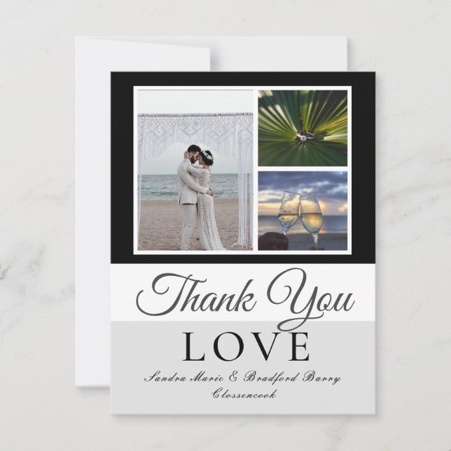 Elegant Black Grey Script Wedding Photo collage  Thank You Card (Front)