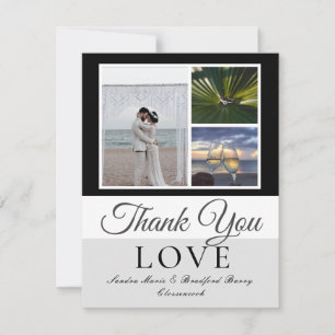 Elegant Black Grey Script Wedding Photo collage Thank You Card