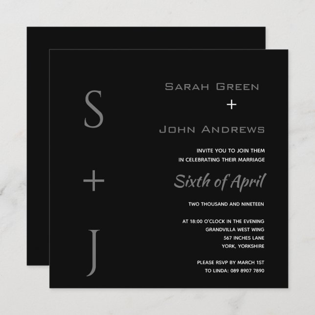 Elegant Black Grey Wedding Square Invitation (Front/Back)