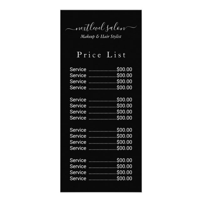 Elegant Black Hair Salon Price Rack Card (Front)