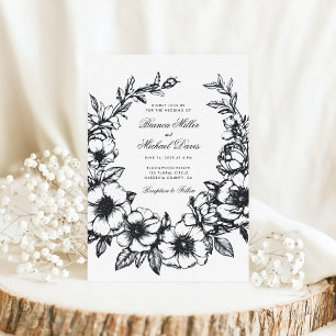 Elegant Black Hand Drawn Wreath In Bloom Wedding Invitation