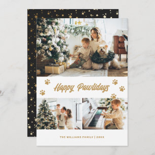 Elegant Black Happy Pawlidays Gold Stars Photo Holiday Card