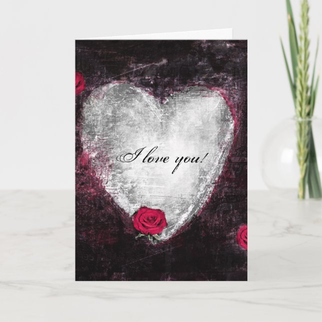 Elegant black heart & roses "I love you" Card (Front)